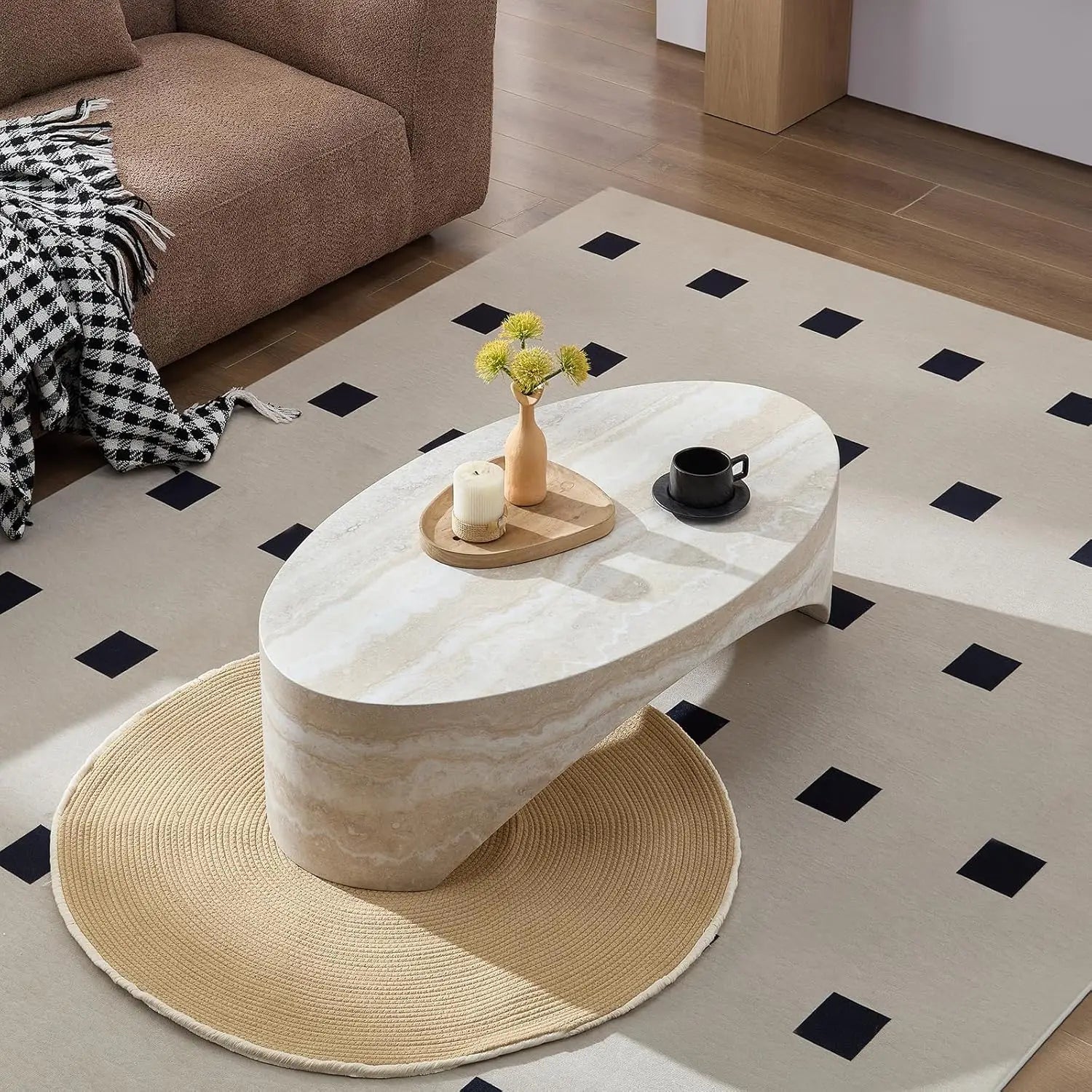 43.31'' Modern Coffee Table, Oval Faux Marble Coffee Tables Arched, Minimalist Accent Center Table, Bridge Stone Side End Table