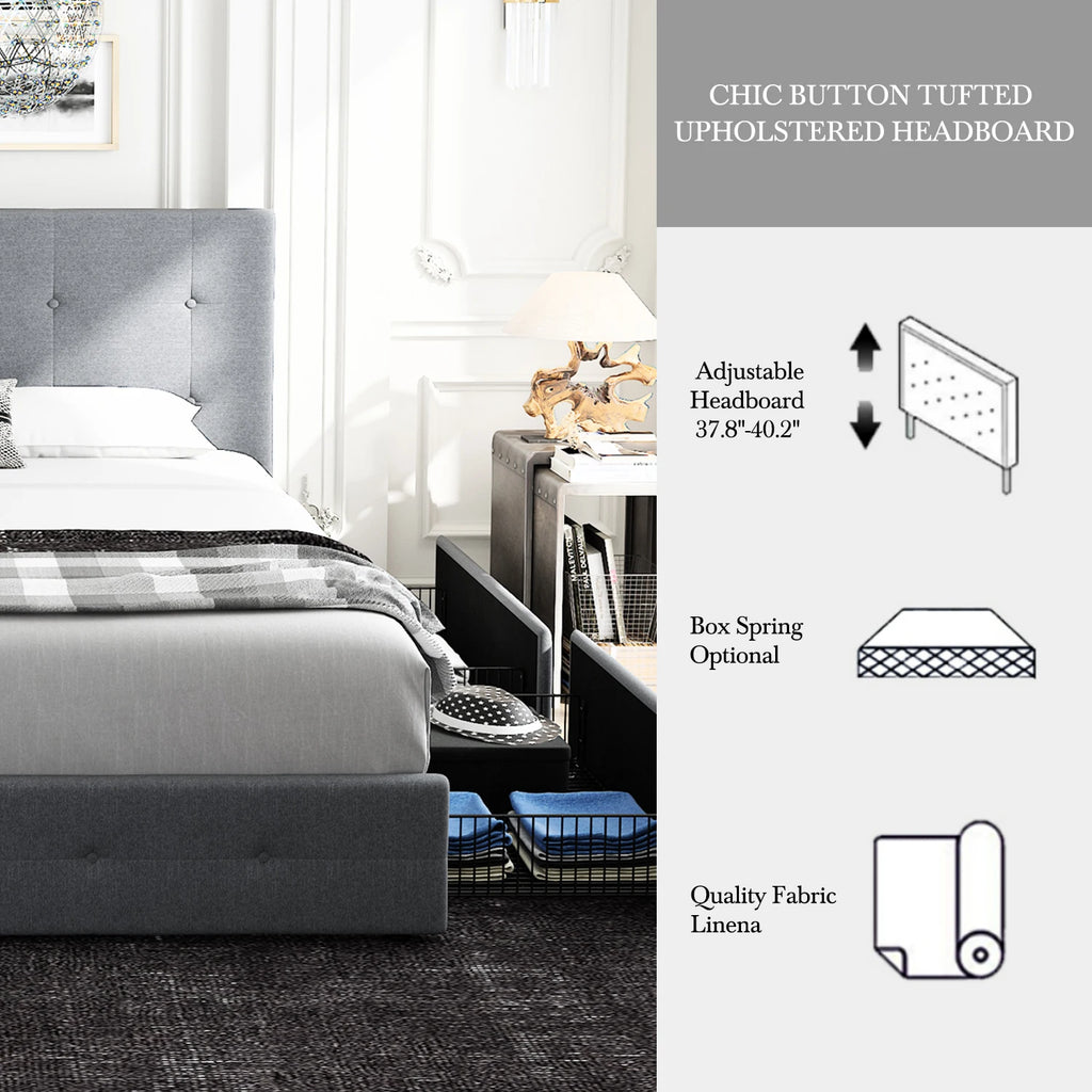 Platform Storage Bed Frame with 4 Drawers, Adjustable Headboard with Square Stitched Button Tufted Design Allewie