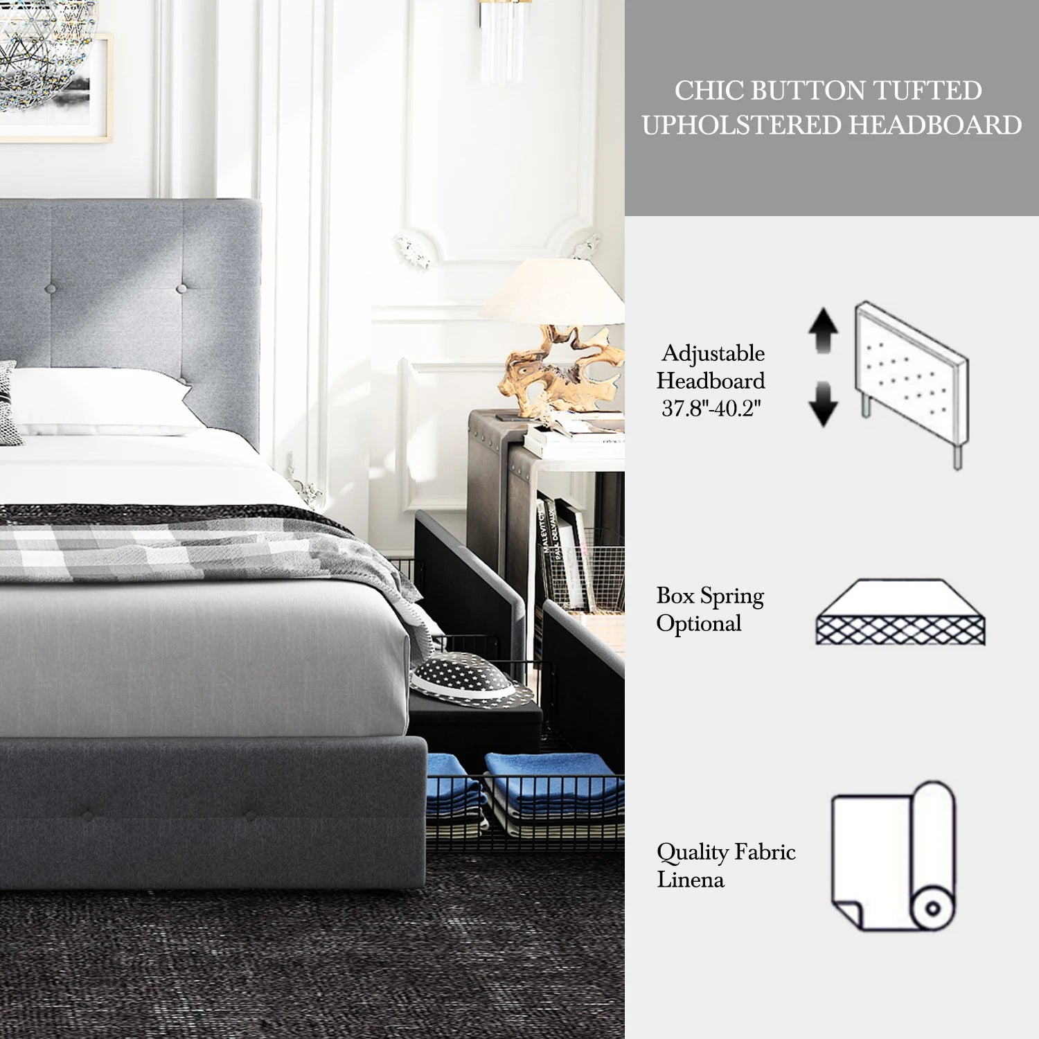 Platform Storage Bed Frame with 4 Drawers, Adjustable Headboard with Square Stitched Button Tufted Design Allewie