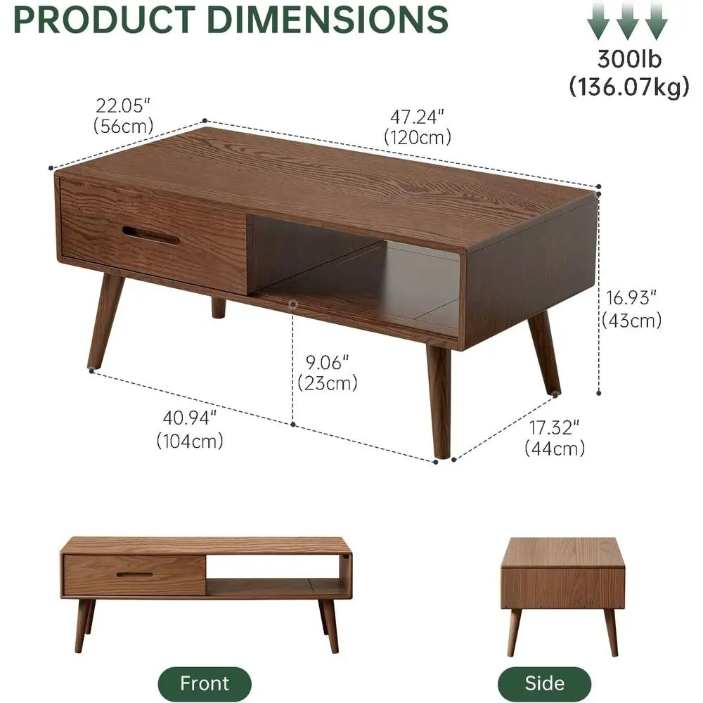100% North American AS-grade oak Solid Oak Coffee Table with Storage Shelf & 2 Drawers – Modern Living Room Furniture in Oak Walnut Finish