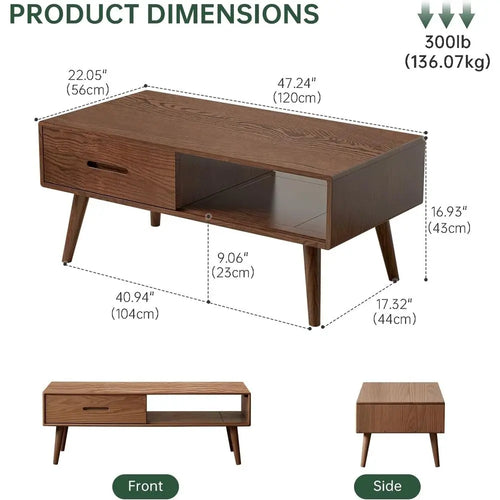 100% North American AS-grade oak Solid Oak Coffee Table with Storage Shelf & 2 Drawers – Modern Living Room Furniture in Oak Walnut Finish