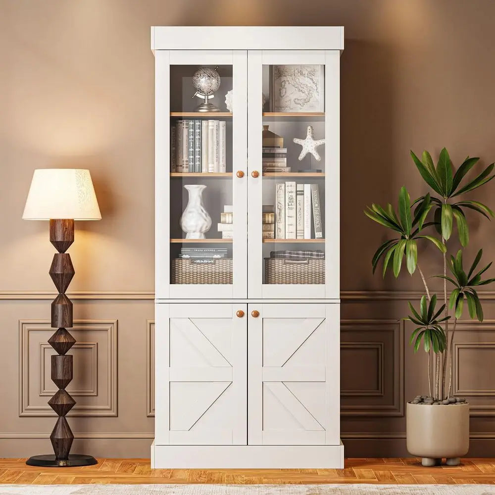 71 High Glass-Door Tall Bookcase, 3-Piece Set, Adjustable Shelves, Ideal for Living Room or Kitchen, White