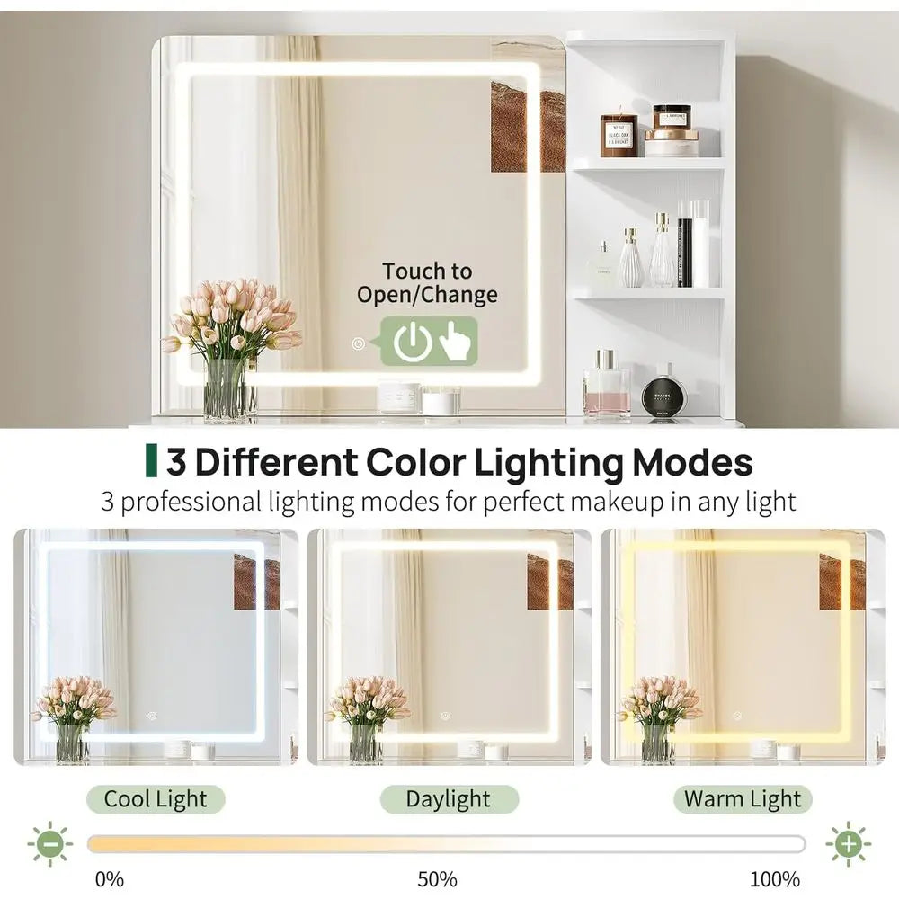 65-Inch White LED Makeup Vanity with Mirror – Glass Top, 8 Drawers & Storage Shelves for Bedroom