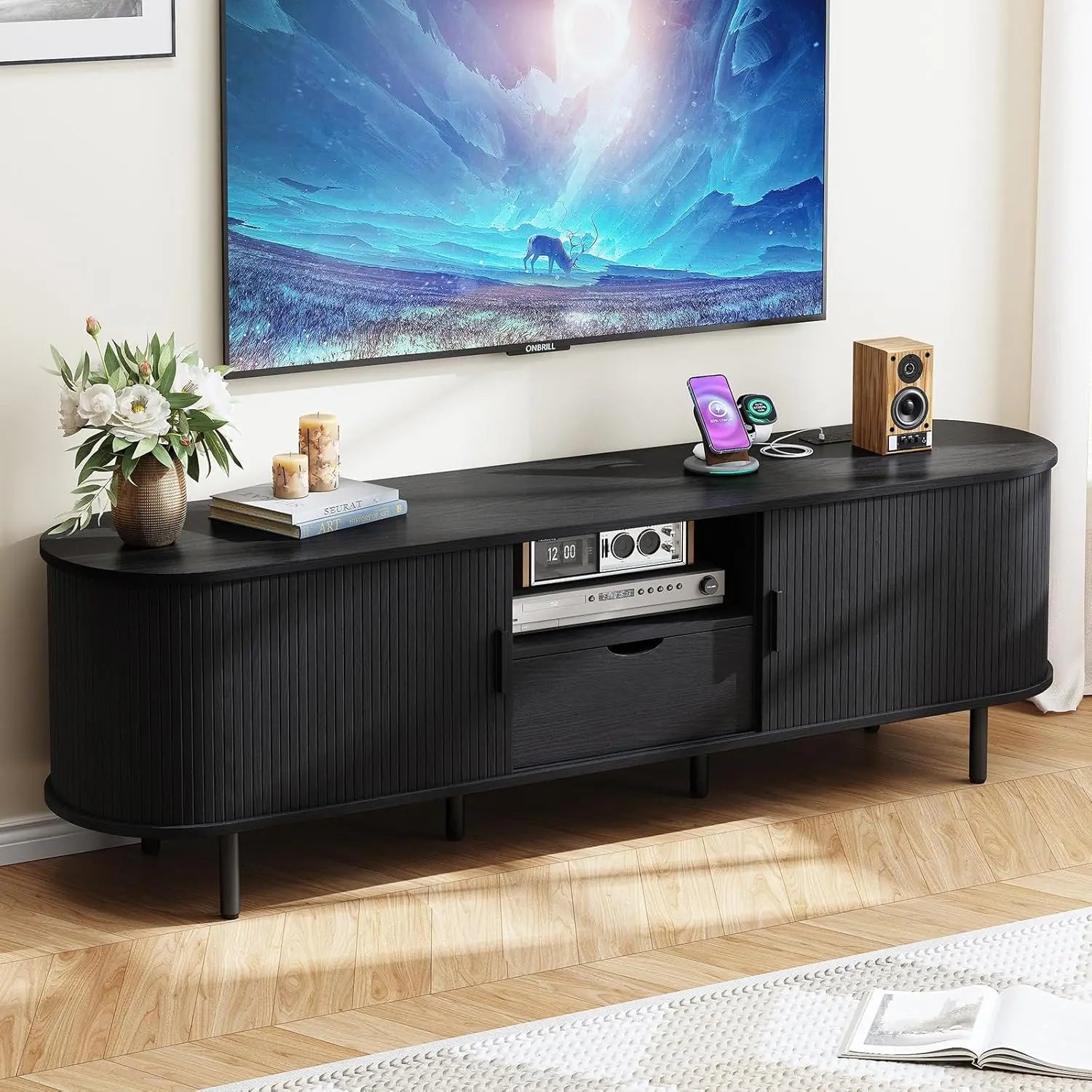 69" TV Stand W/ Power Outlet for Tvs up to 80",Entertainment Center W/ Storage & Drawer,Tv Console W/ Adjustable Shelves