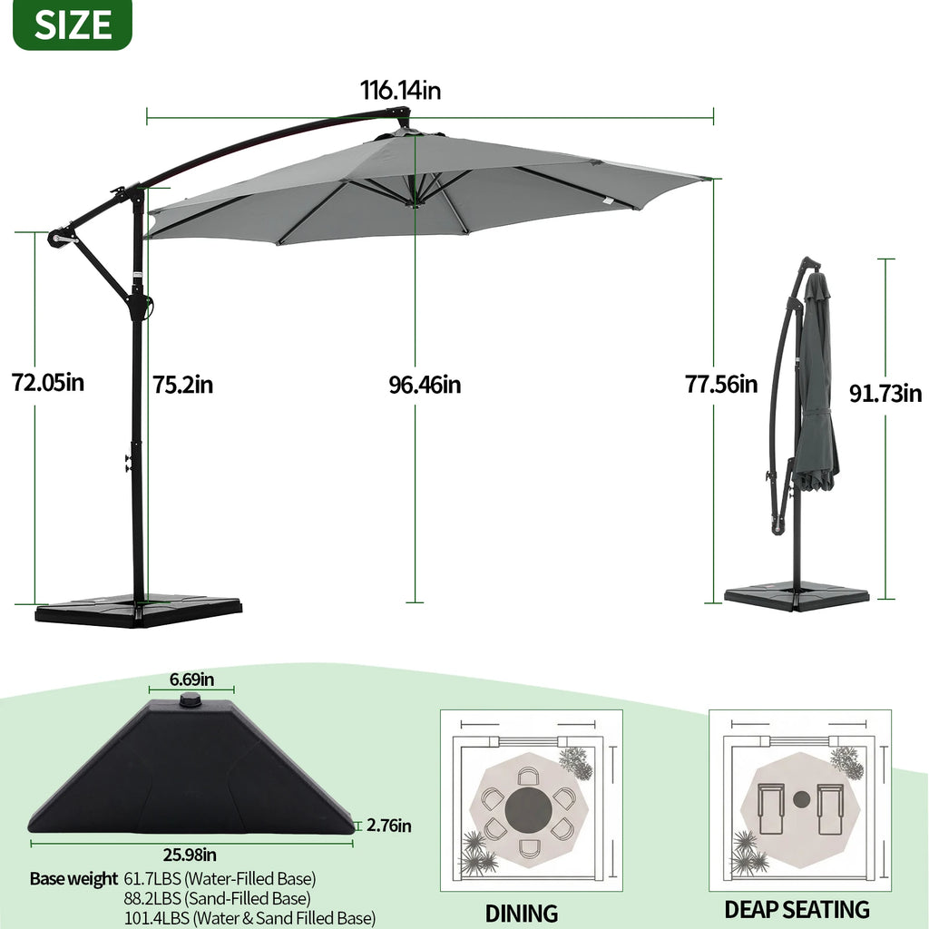 10FT Cantilever Patio Umbrella with Base – Outdoor Offset Umbrella with UV Protection