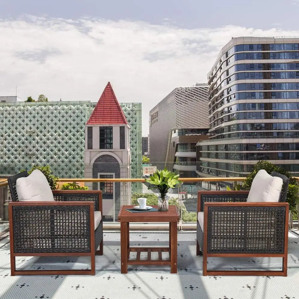 3-Piece Outdoor Wicker Sofa Set with Washable Cushions and Acacia Wood Coffee Table, Suitable for Bistro, Garden, or Balcony (Be