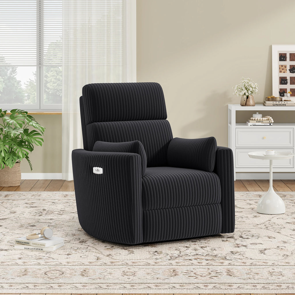 Electric Swivel Recliner Chair with USB Ports, Chenille Fabric, 300Lbs Capacity, Soft Pillows, for Living Room Home