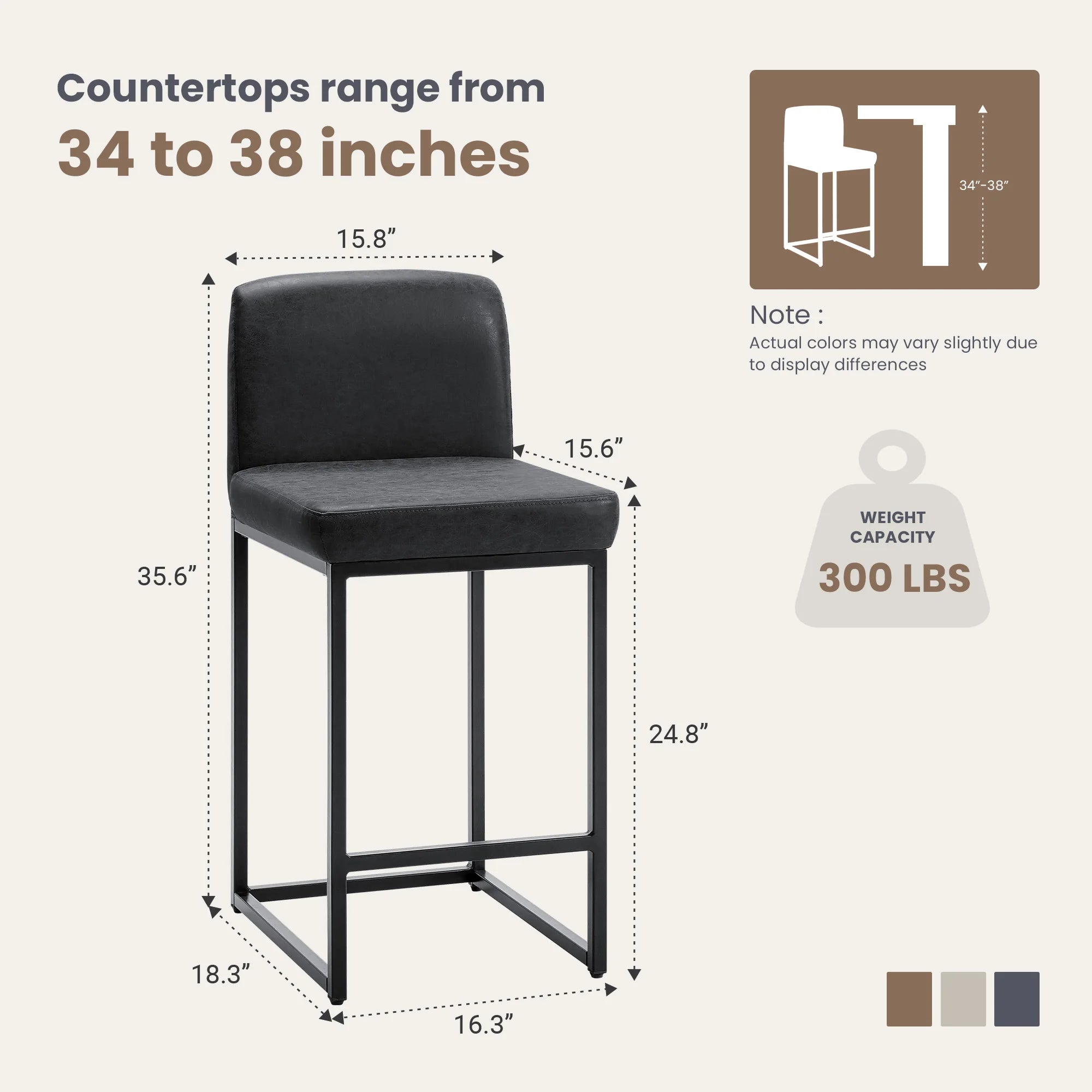 Counter Height Bar Stools Set of 2 – Upholstered PU Leather Kitchen Island Chairs