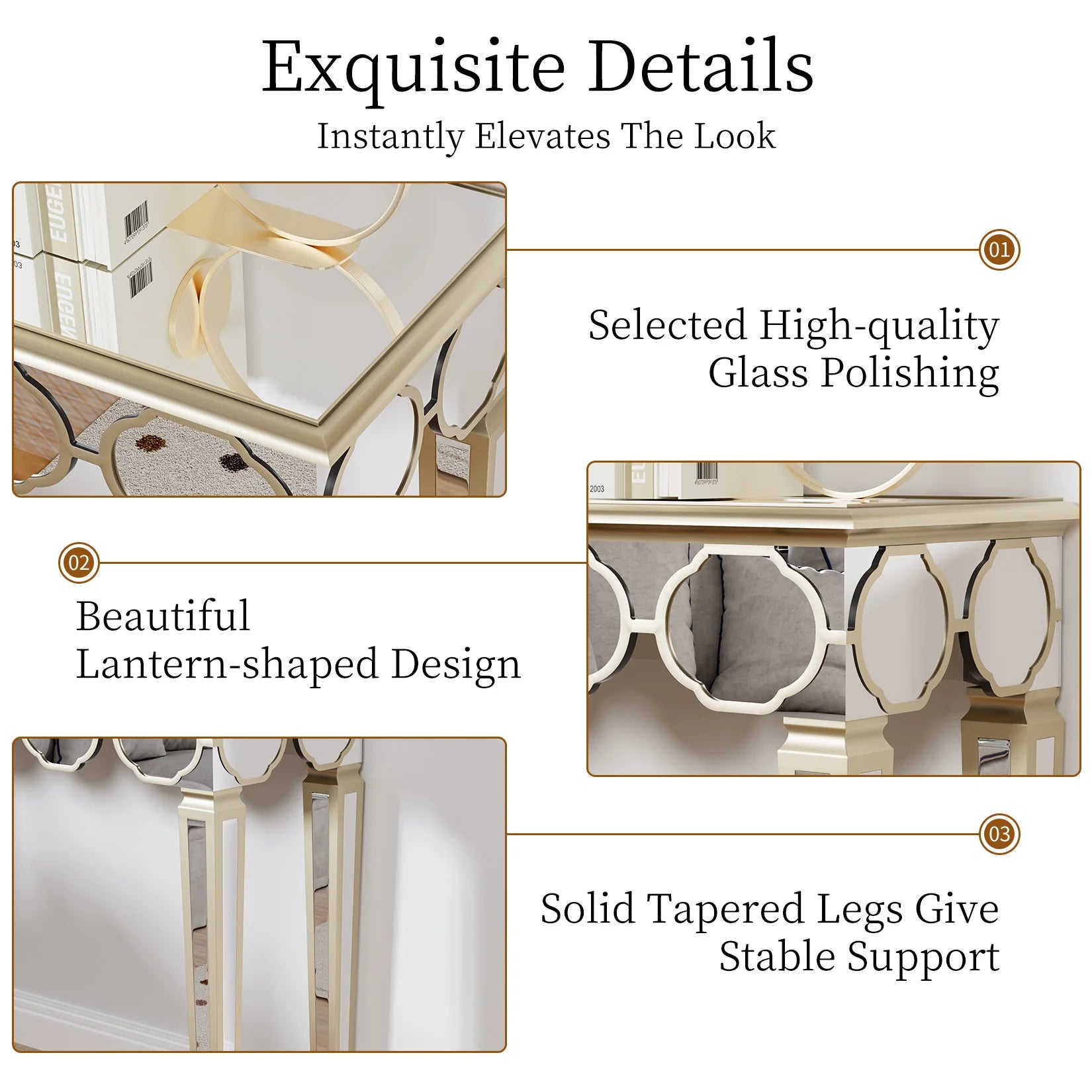 Mirrored Console Table:Modern Rectangular Silver Mirrored Entryway Table with Gold Rim Decorative Sofa Table 4 Legs for Hallway