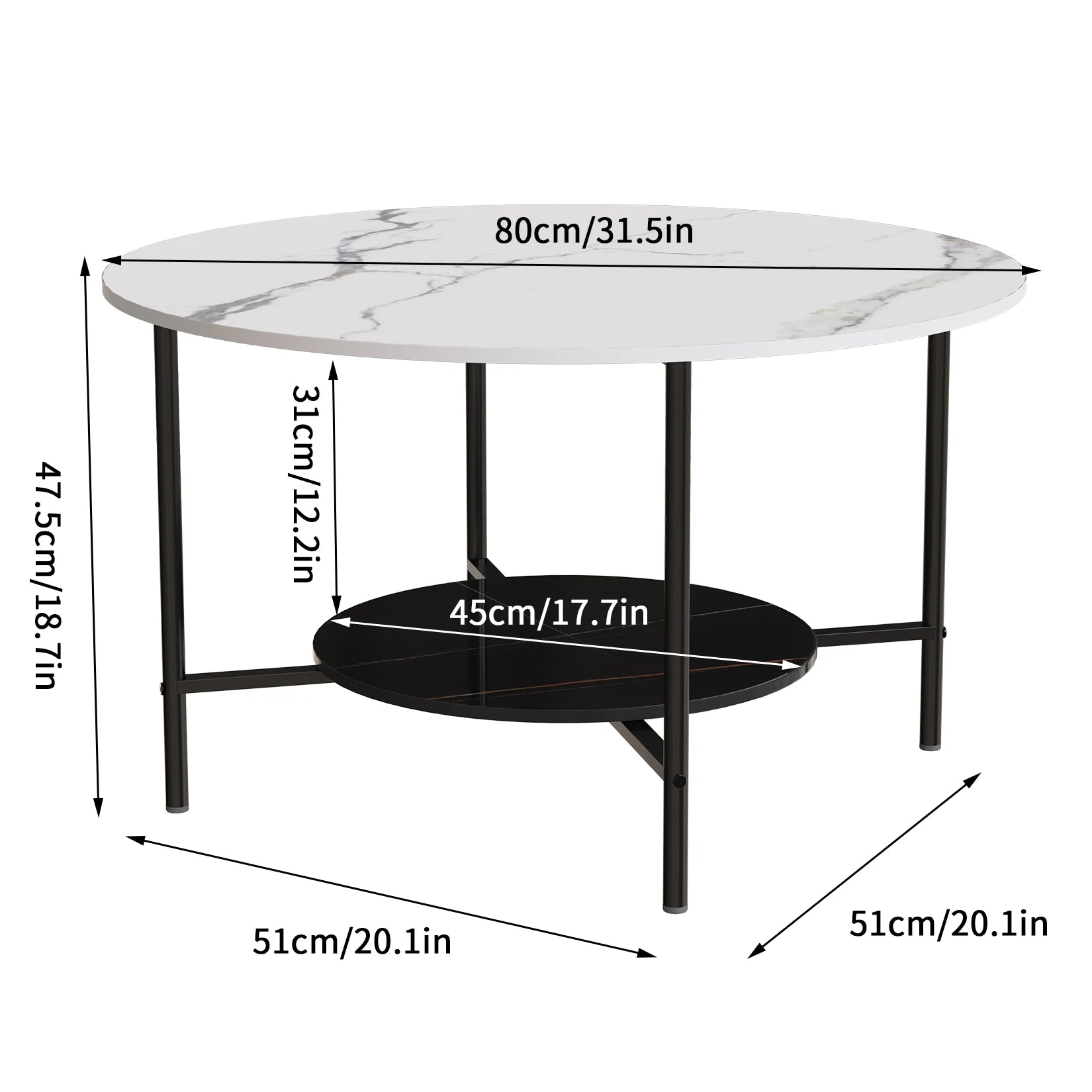 2 Tier round Coffee Table Modern High End Sintered Stone Desk Home Furniture Table Metal Frame for Living Room, Bedroom