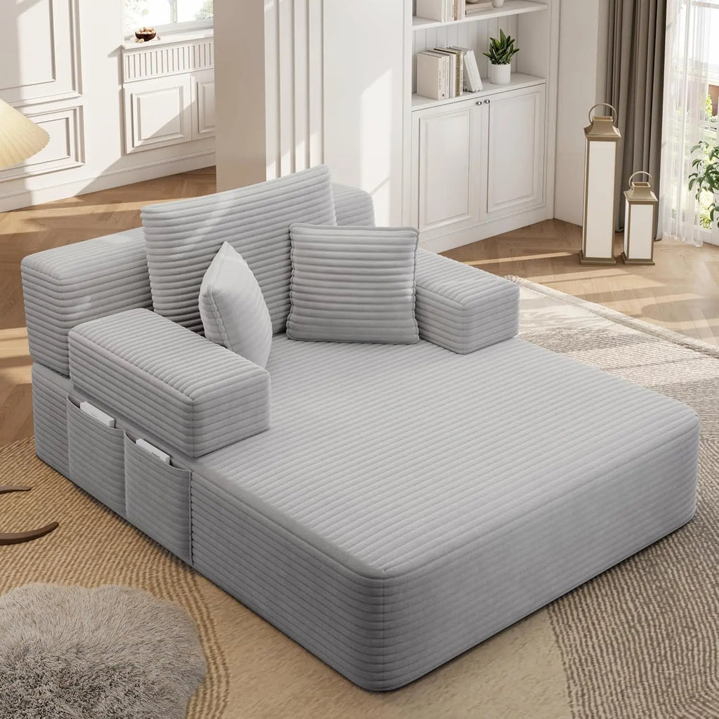 48.5” Chaise Lounge Chair Indoor, Corduroy Fabric Chair with Convertible Armrest and Backrest, Upholstered Cozy, Customized