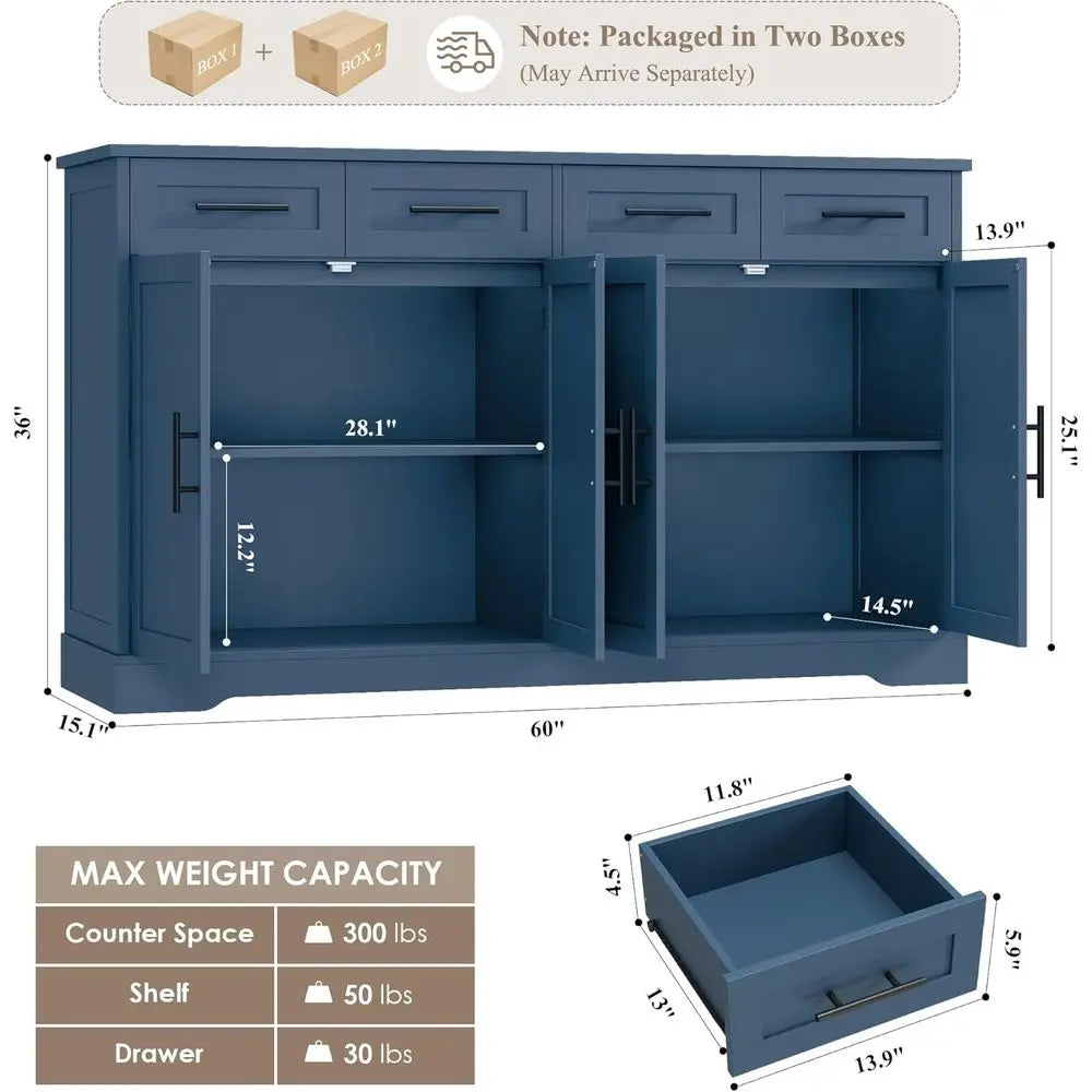 60 High Large Sideboard with Storage, 36 Tall Kitchen Buffet Cabinet with 4 Drawers, Elegant Coffee Bar Cabinet with Black Handl