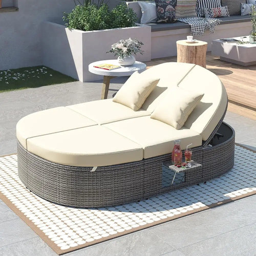 2-Person Outdoor Rattan Daybed with Adjustable Backrests, Cushions & Pillows – Beige