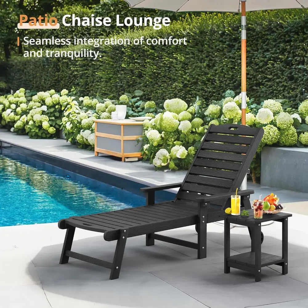 2-Piece Outdoor Pool Lounge Chairs with Adjustable Backrest, Wheels & Side Table – Black