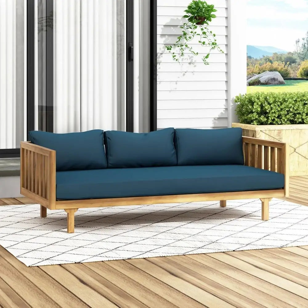 3-Seater Acacia Wood Daybed with Water-Resistant Cushions for Outdoor Patio and Garden, Blue