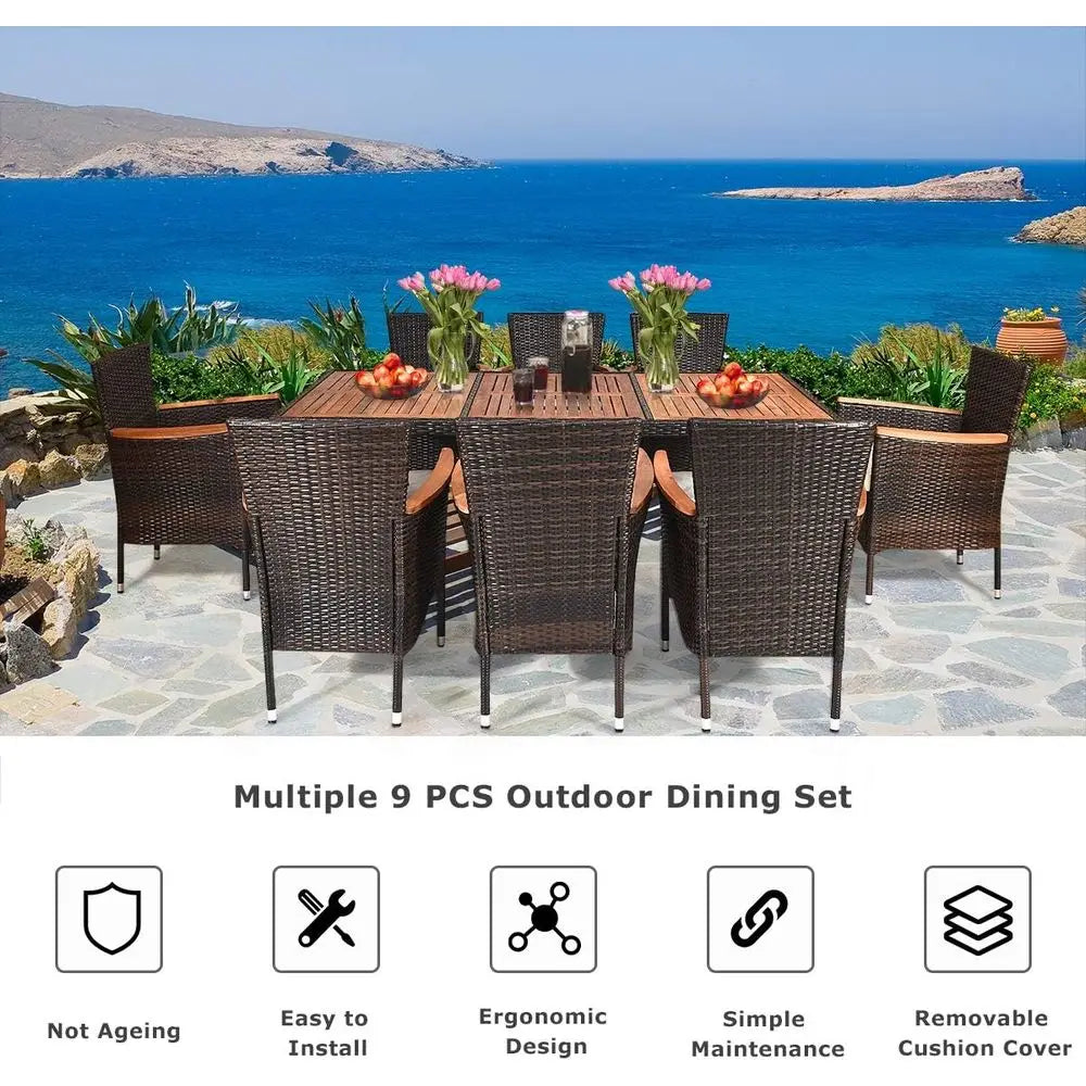 9-Piece Brown Wicker Patio Dining Set with Acacia Wood Table