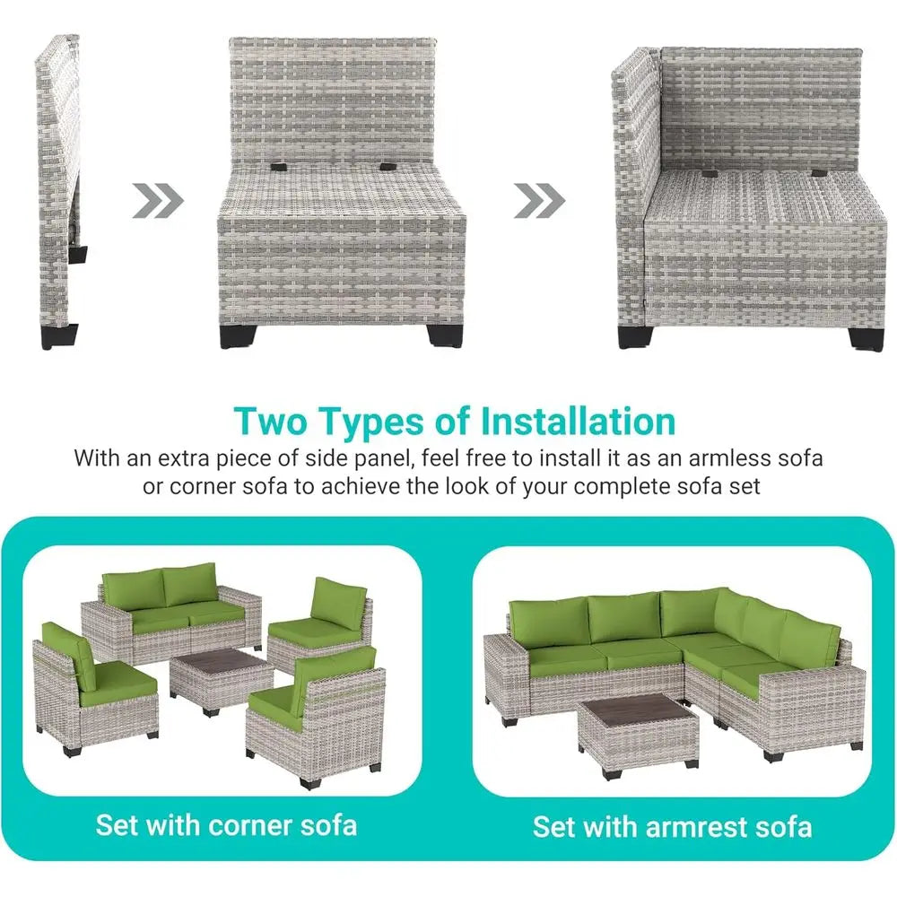 6-Piece Outdoor Patio Wicker Sectional Sofa Set with Cushions for Garden, Backyard, Poolside in Avocado Green