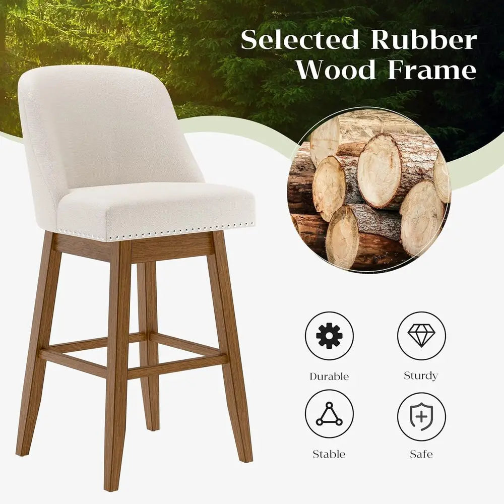 30 Swivel Upholstered Bar Stools Set of 2, Solid Wood Legs, Footrest, Beige