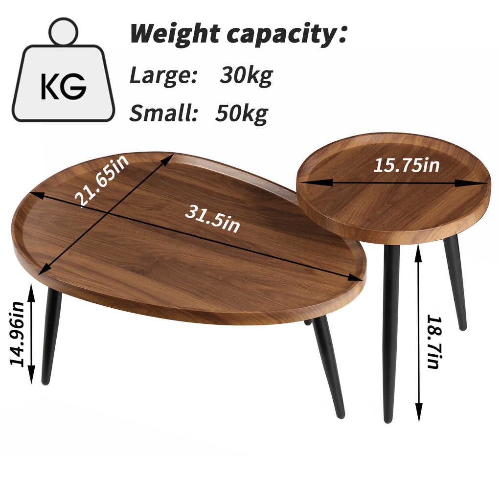 Round Coffee Table Set of 2 Rustic for Living Room Modern Nesting Tables for Balcony Office with Wood Table Top and Metal Legs