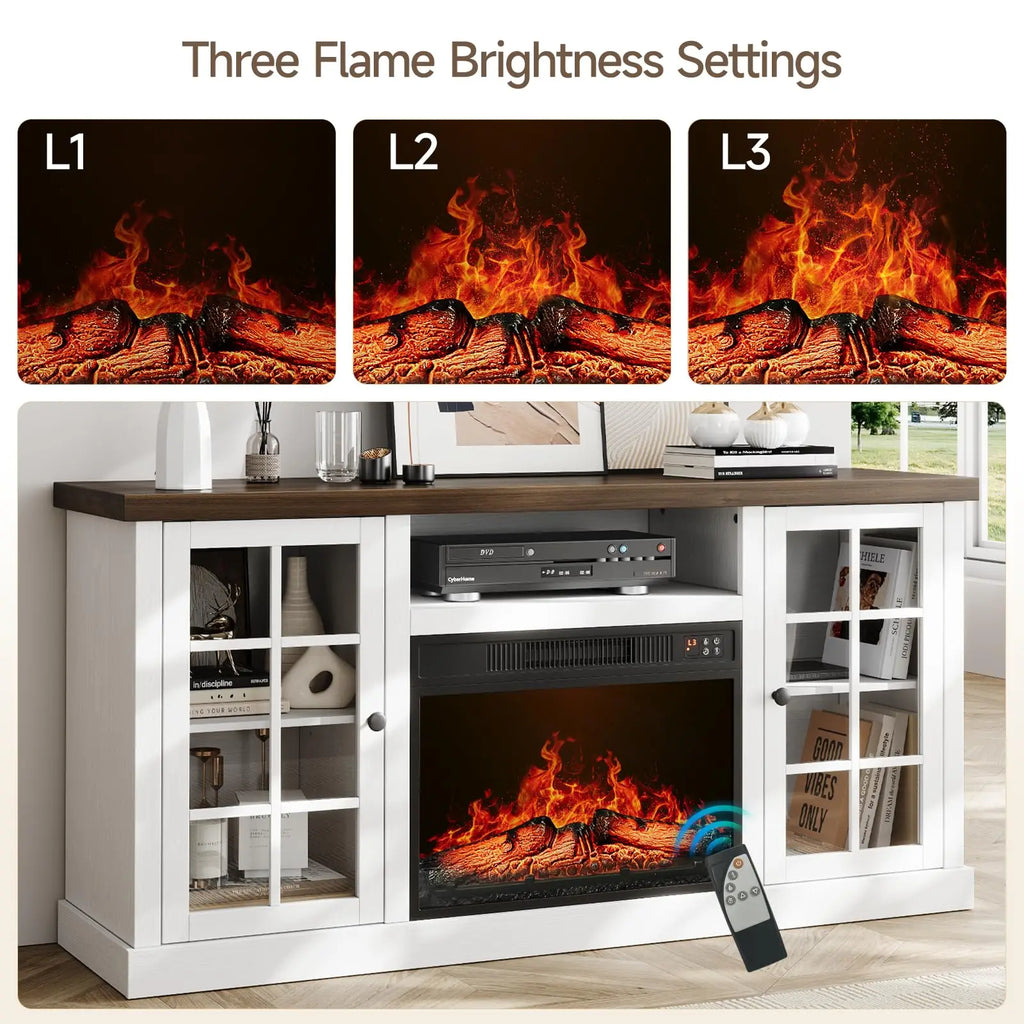 Farmhouse 59-Inch TV Stand with 23-Inch Electric Fireplace, Entertainment Center TV Table for Tvs up to 65 Inches, Media Console with Storage and Glass Doors for Living Room, White