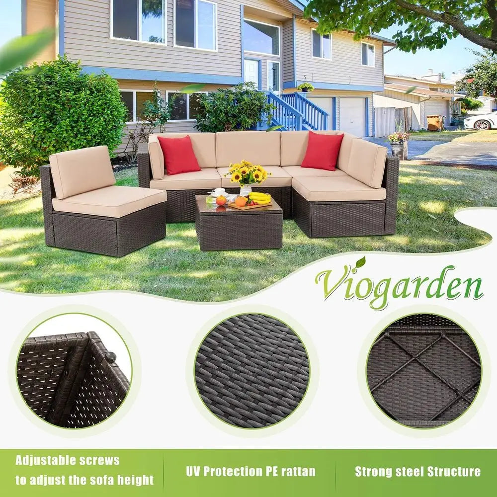 6-Piece Outdoor Sectional Sofa Set, Beige PE Wicker Rattan Patio Furniture with Coffee Table for Garden, Backyard, Poolside