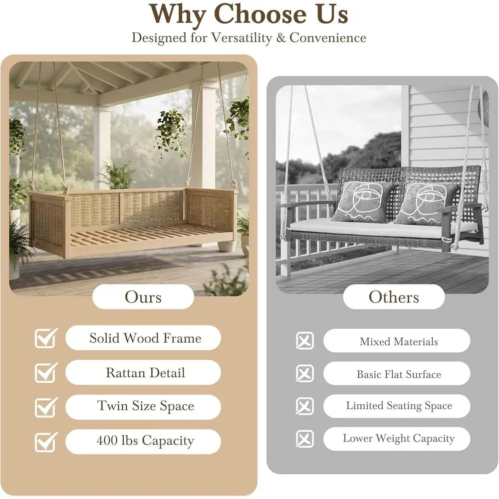 Durable 350Lb Capacity Rattan Swing Bed for Outdoor Use - Ideal for Porch, Backyard, Poolside, and Garden in Light Teak Finish