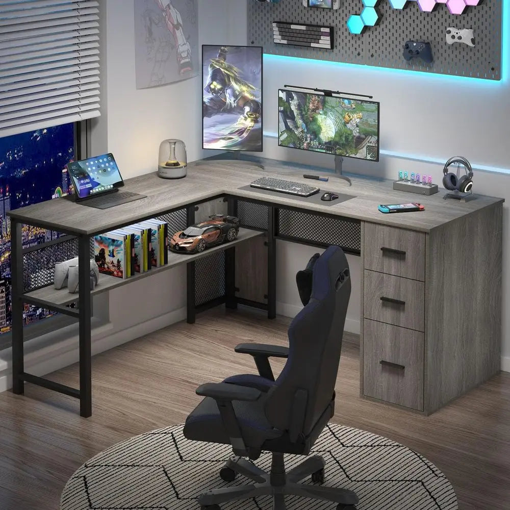 Gray L-Shaped Desk with Drawers, Large Workstation, Storage Shelves, Light Grey Oak, 59 Inch