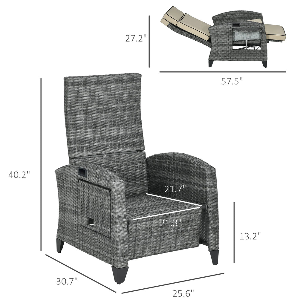 Outdoor Recliner Chair with Adjustable Backrest, Cushion, Khaki