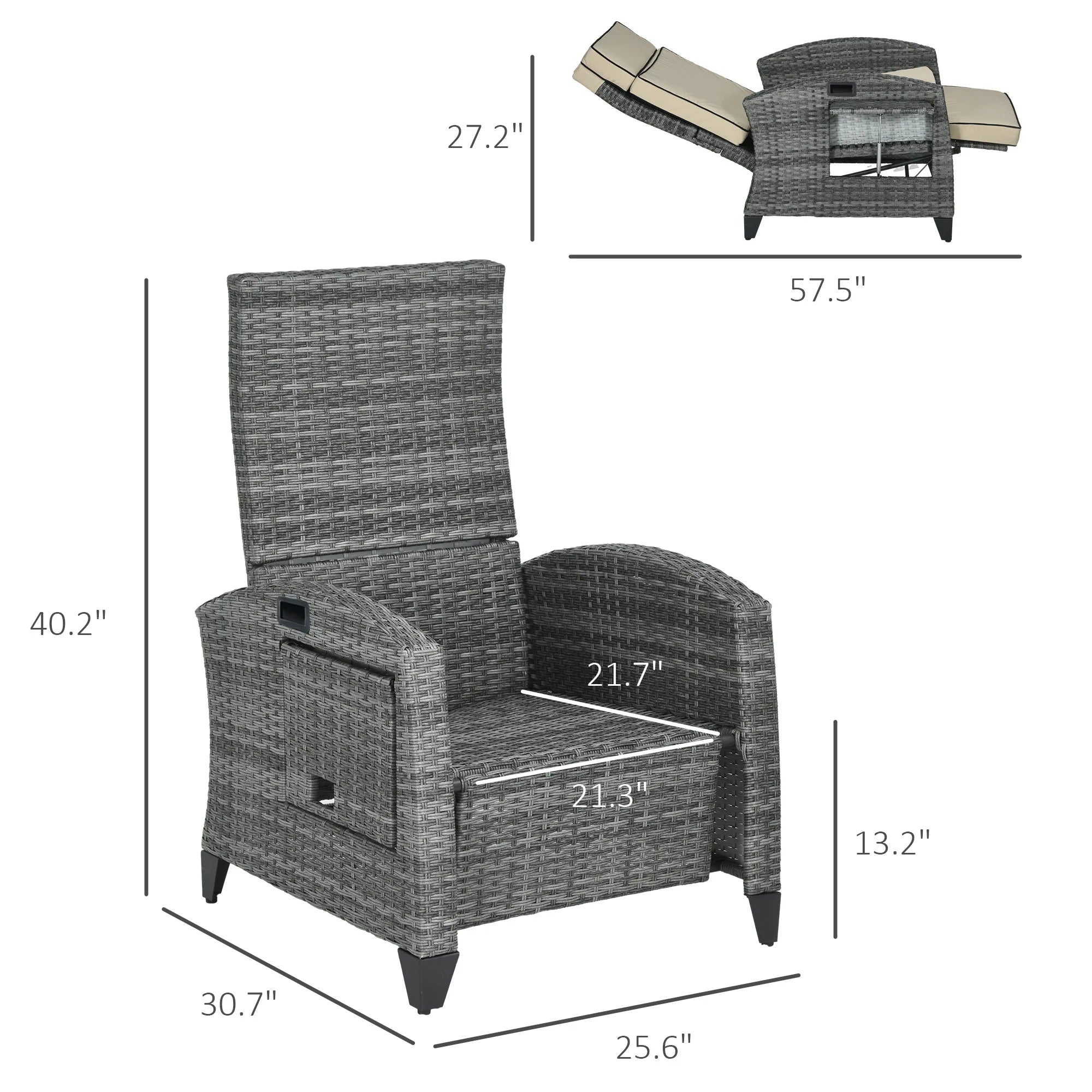 Outdoor Recliner Chair with Adjustable Backrest, Cushion, Khaki