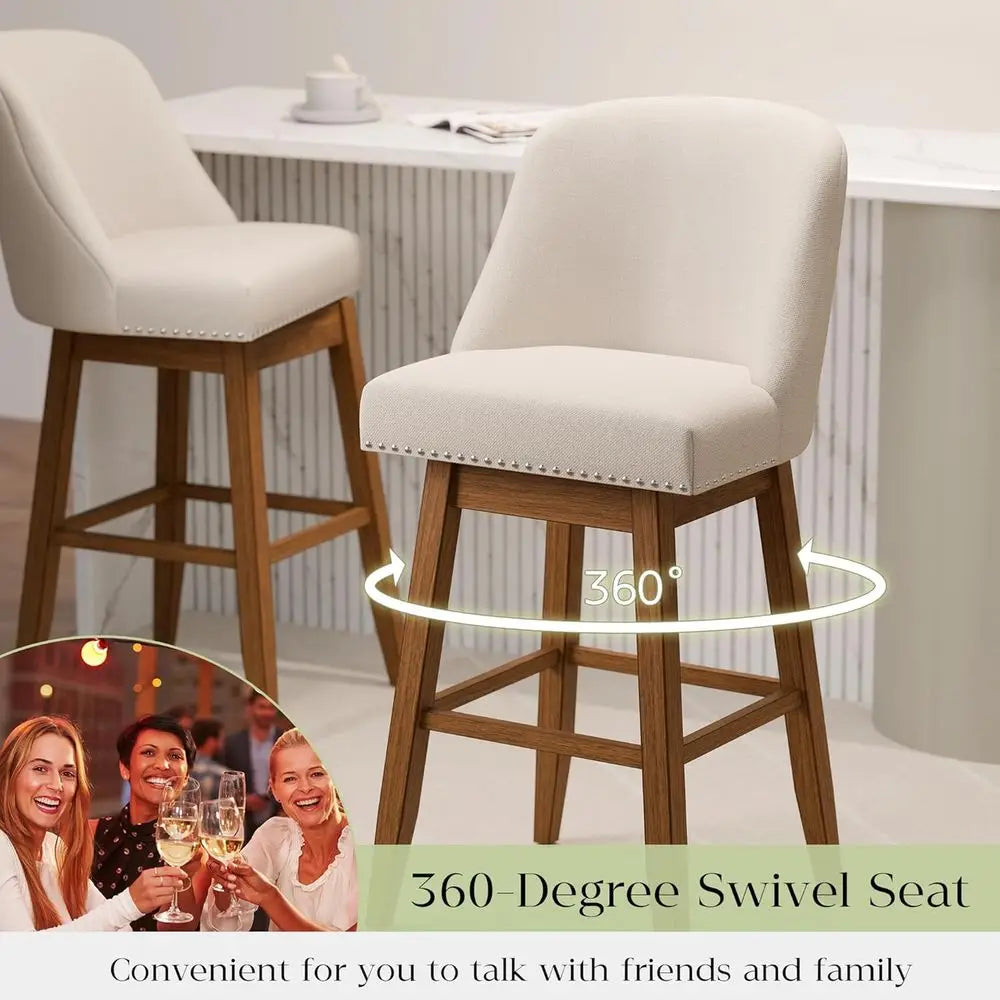 30 Swivel Upholstered Bar Stools Set of 2, Solid Wood Legs, Footrest, Beige