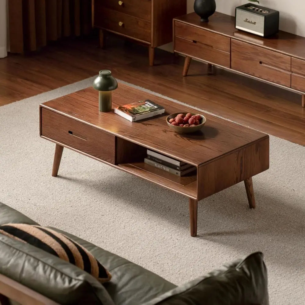 100% North American AS-grade oak Solid Oak Coffee Table with Storage Shelf & 2 Drawers – Modern Living Room Furniture in Oak Walnut Finish