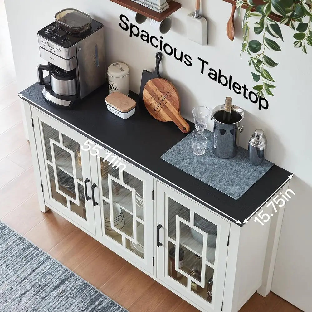55 White Modern Sideboard Buffet Cabinet with Glass Door Storage for Kitchen, Dining, Living Room