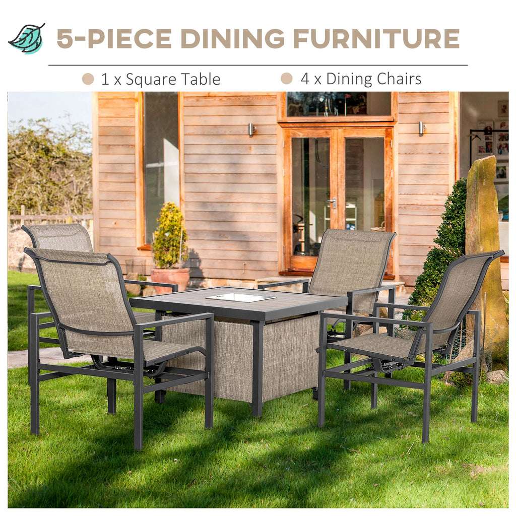 5 Piece Garden Patio Dining Set, Steel, Outdoor Conversation Set, Dinner Table with Built-In Ice Bucket Insert, 4 Rocking Chairs, Beige