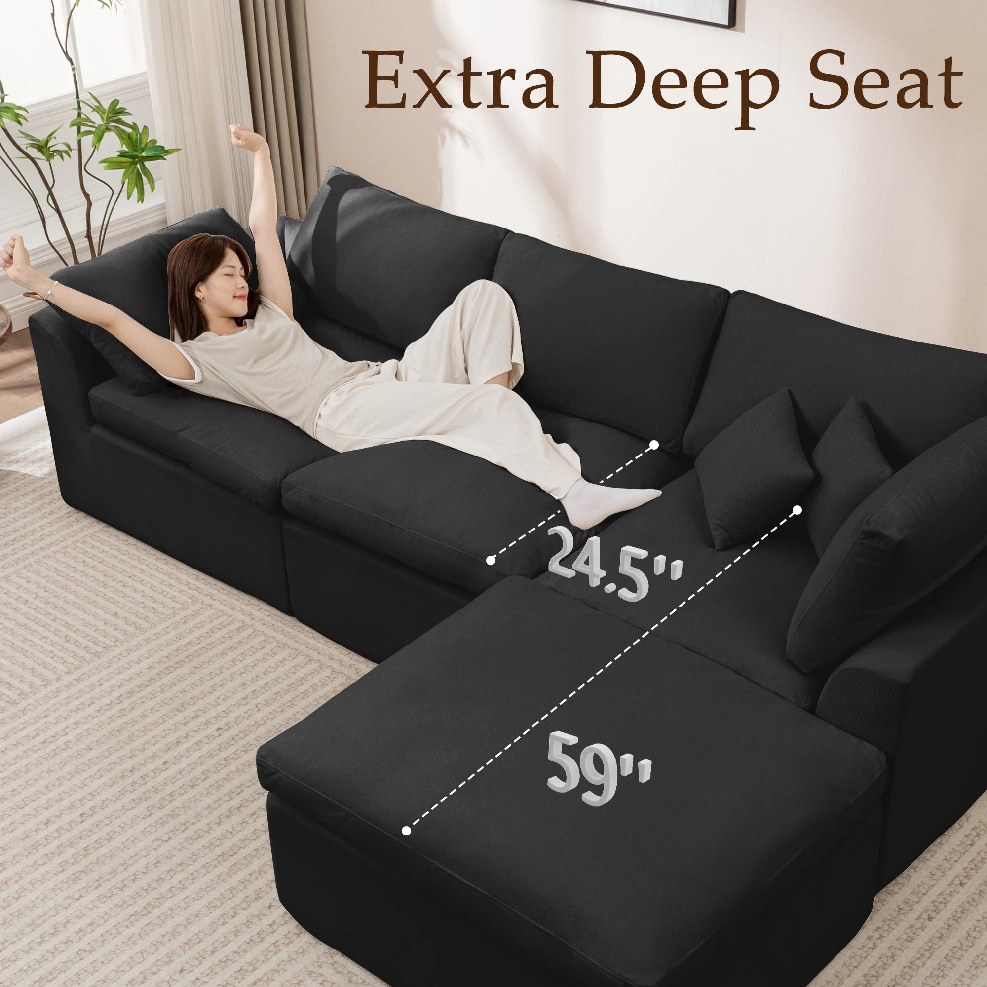 112 Inch Modular L-Shape Cloud Couch, Boneless Chenille Sectional Sofa with Spacious Deep Seats & Ottoman, Ready-To-Use Living Room Furniture