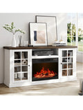 Farmhouse 59-Inch TV Stand with 23-Inch Electric Fireplace, Entertainment Center TV Table for Tvs up to 65 Inches, Media Console with Storage and Glass Doors for Living Room, White
