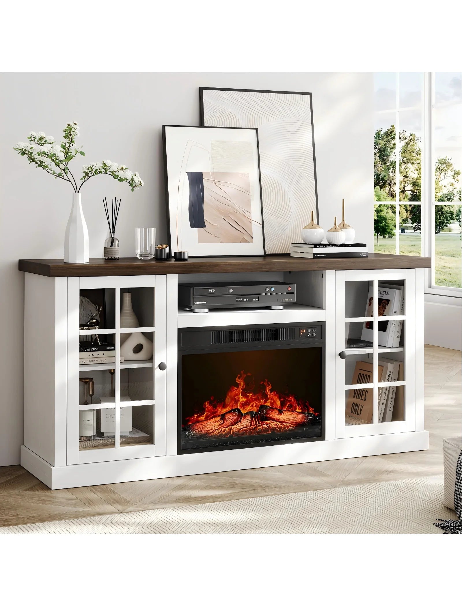 Farmhouse 59-Inch TV Stand with 23-Inch Electric Fireplace, Entertainment Center TV Table for Tvs up to 65 Inches, Media Console with Storage and Glass Doors for Living Room, White