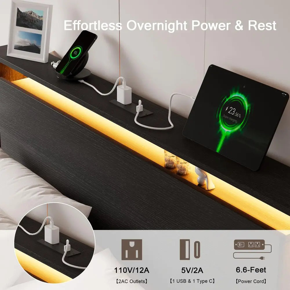 Bed Frame Queen Size with LED Lights Amp Charging Station Kids Wood Floating Queen Bed Frame with Storage Headboard, Adhesive S