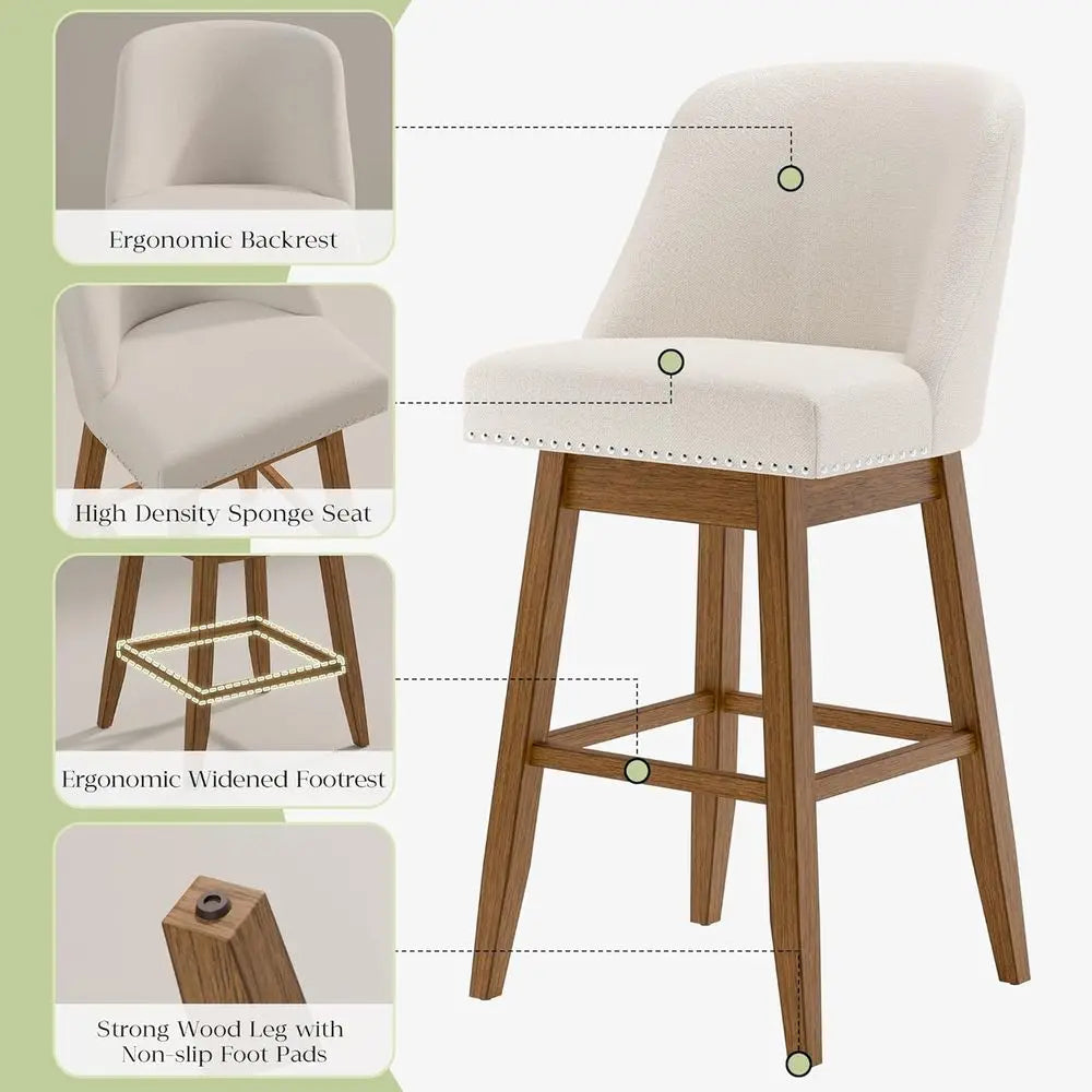 30 Swivel Upholstered Bar Stools Set of 2, Solid Wood Legs, Footrest, Beige