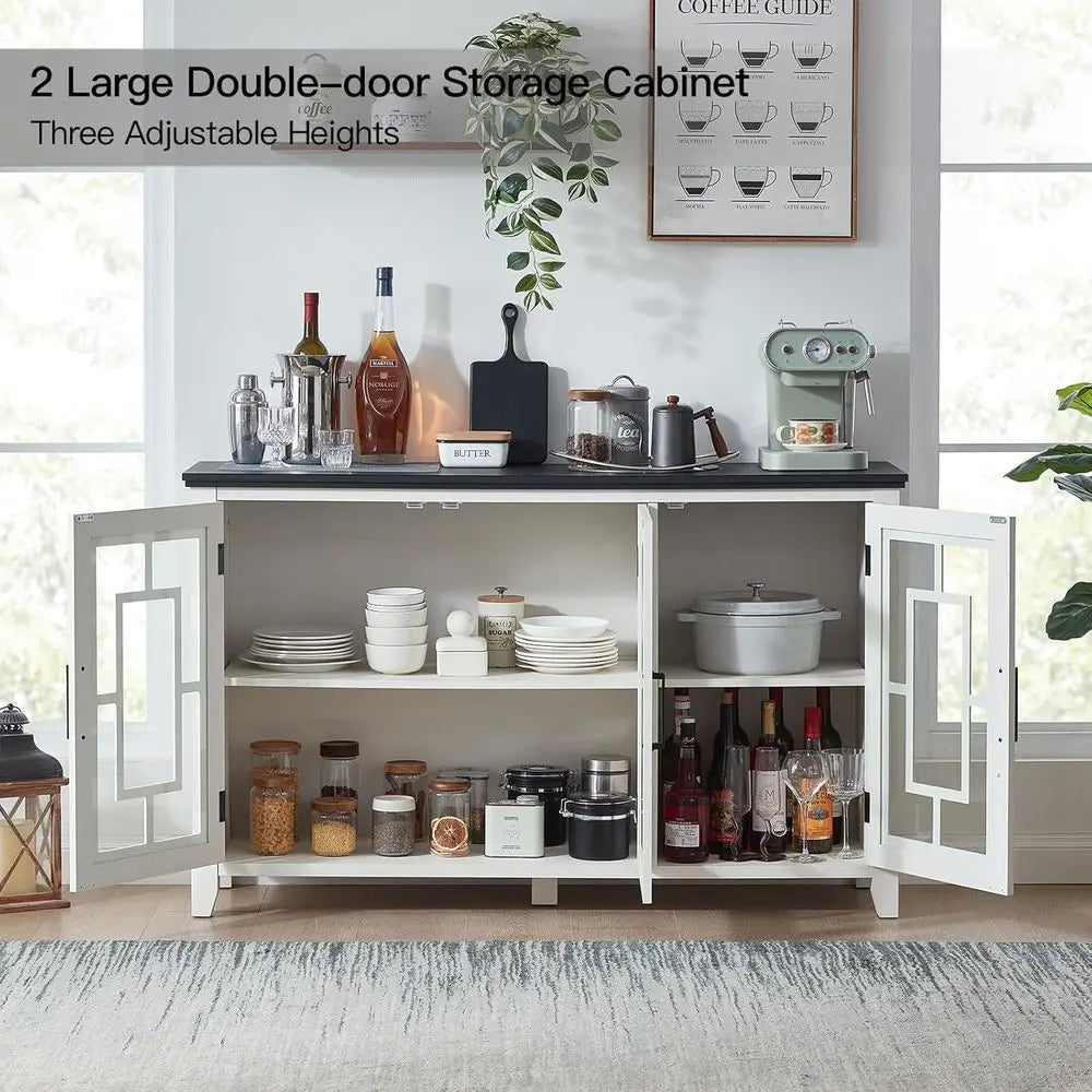 55 White Modern Sideboard Buffet Cabinet with Glass Door Storage for Kitchen, Dining, Living Room