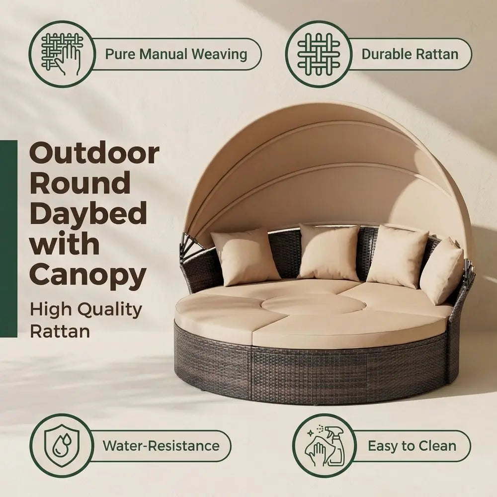 Patio Daybed with Retractable Canopy, Wicker Rattan Sectional round Sofa Furniture Set, 5 Pieces Seating Separates Cushioned Se