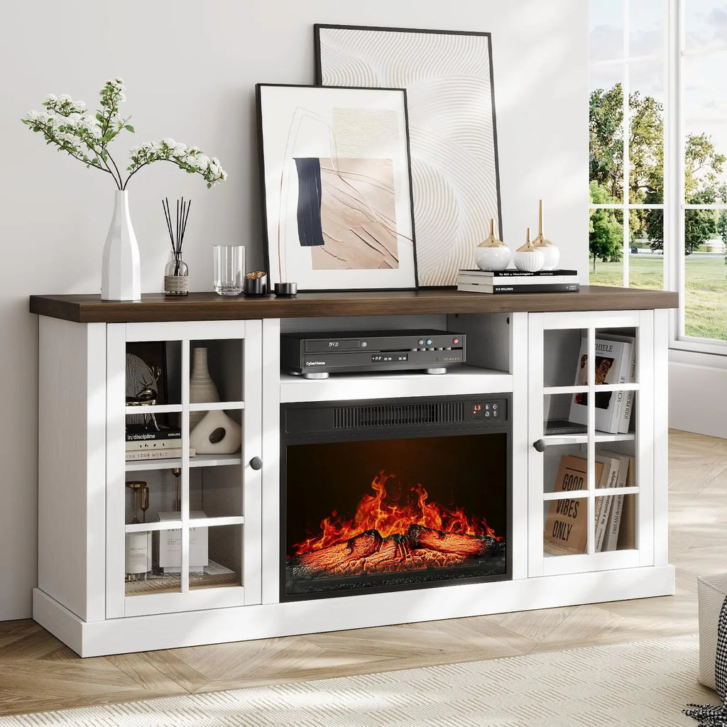 Farmhouse 59-Inch TV Stand with 23-Inch Electric Fireplace, Entertainment Center TV Table for Tvs up to 65 Inches, Media Console with Storage and Glass Doors for Living Room, White