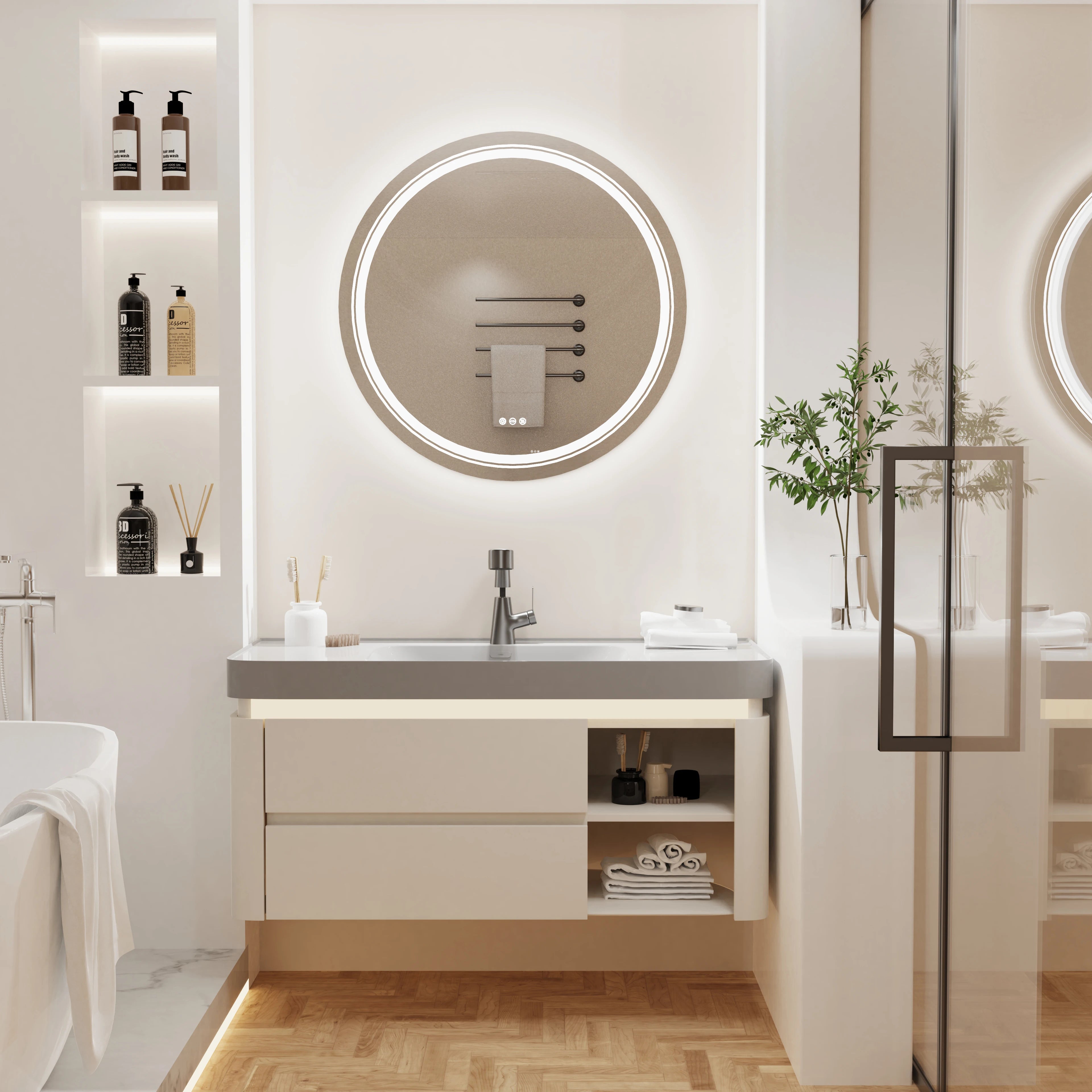 600Mm LED round Wall Mounted Vanity Mirror with Demister Pad Smart Touch Sensor Memory Function Backlit Front Lighted 3 Colors