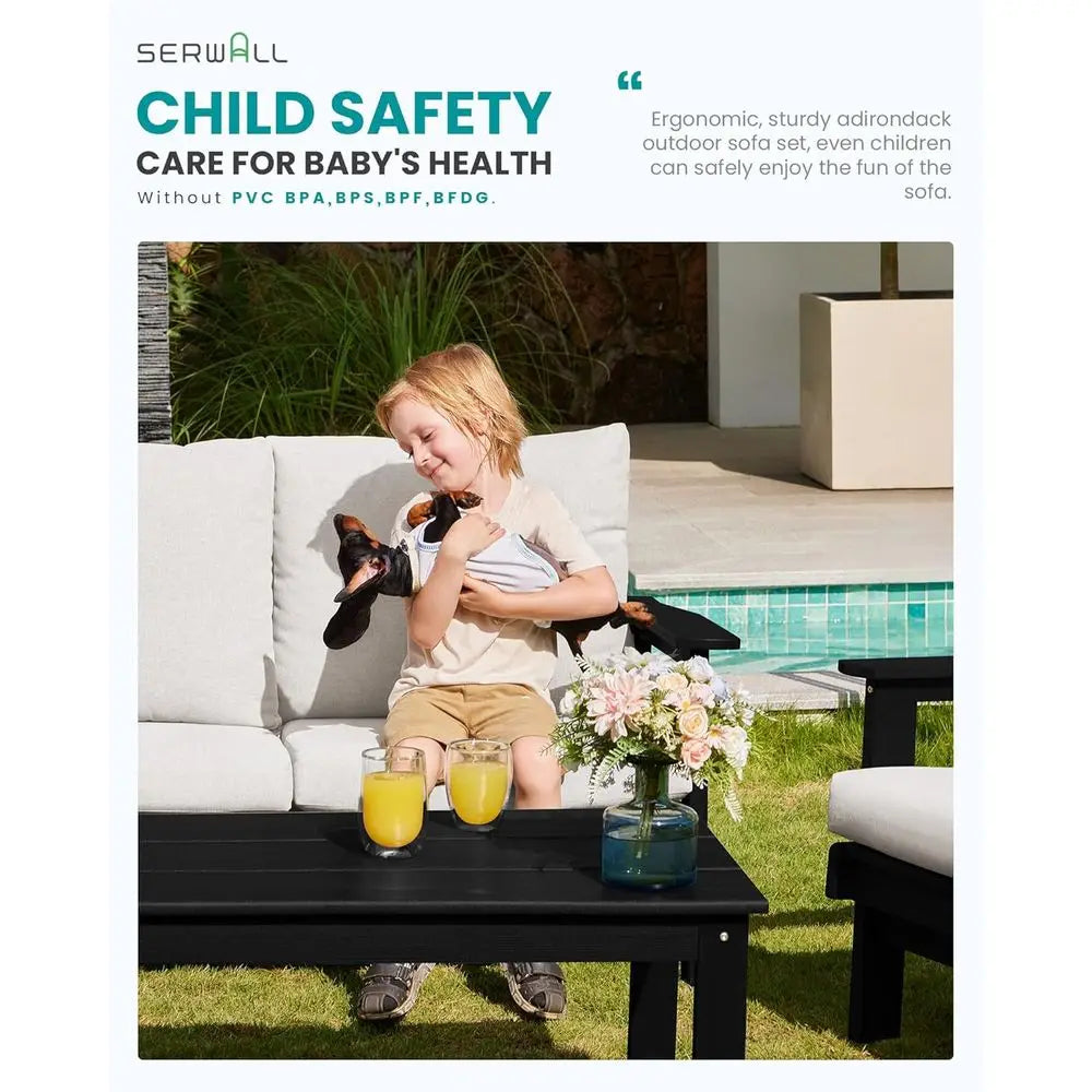 Stylish All-Weather HDPE Outdoor Sofa Set - 2-Piece Patio Furniture with Elegant Black Chairs and Comfortable Khaki Cushions