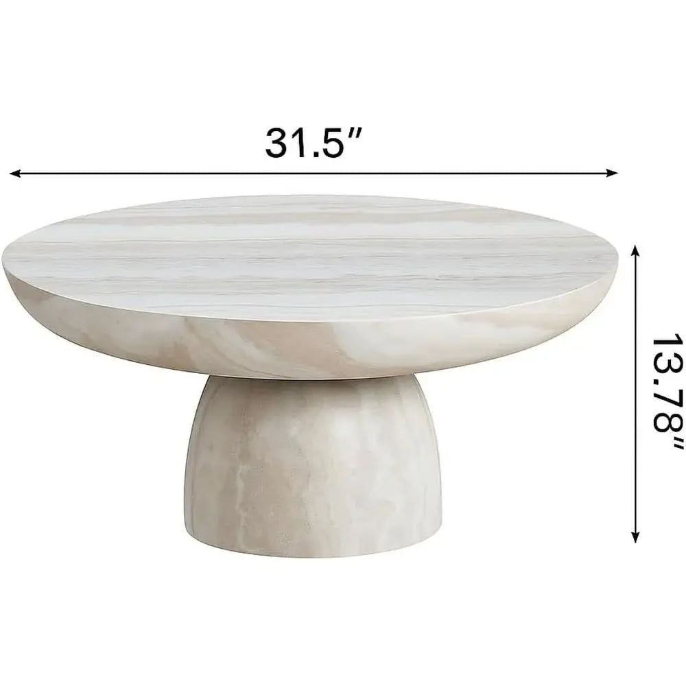 Round Marble Coffee Table with Cylindrical Leg – Fiberglass Drum Center Table for Living Room & Cocktail Area