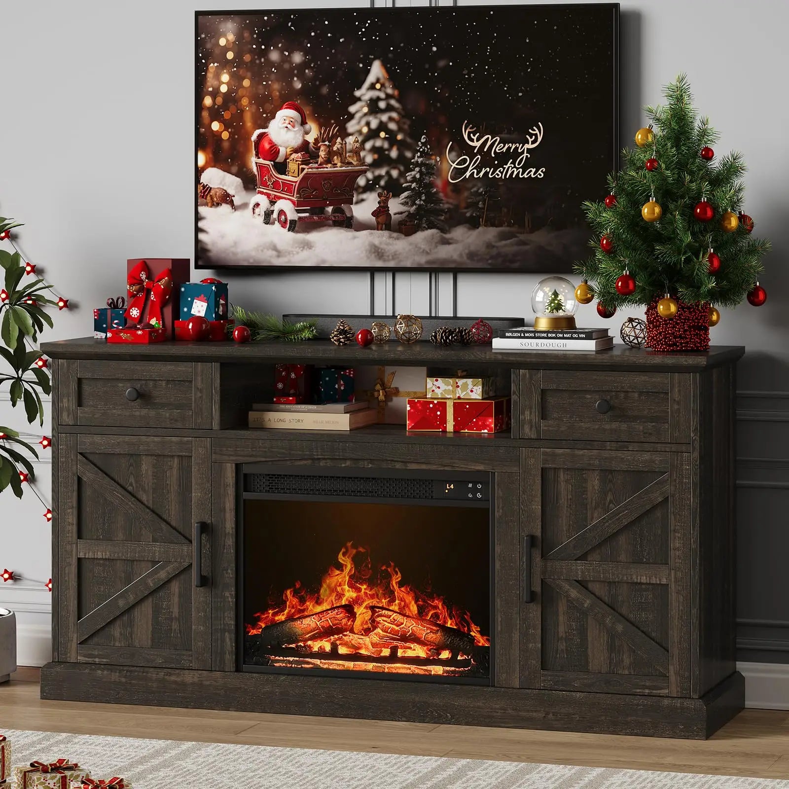 Brand Farmhouse Fireplace Entertainment Center for Tvs up to 70 Inches, Media Console Table with 23-Inch Electric Fireplace, Drawers and Storage