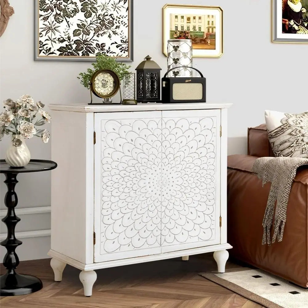 Vintage White Carved Wooden Storage Cabinet for Entryway, Dining, or Living Room