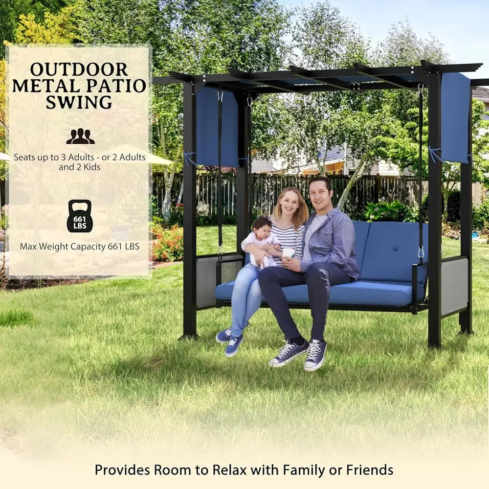 3-Seat Outdoor Metal Swing Bed with Cushion and Adjustable Curtains, Convertible Patio or Porch Swing Chair, Ideal for Backyard
