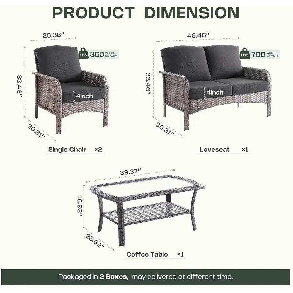 All-Weather High Back Wicker Patio Furniture Set with Coffee Table for Balcony, Porch, or Garden – Black