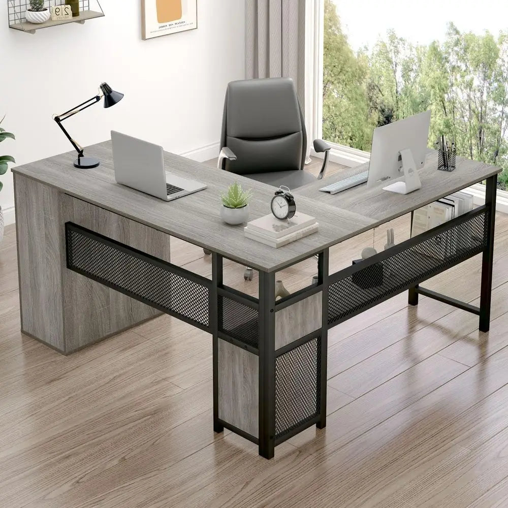 Gray L-Shaped Desk with Drawers, Large Workstation, Storage Shelves, Light Grey Oak, 59 Inch