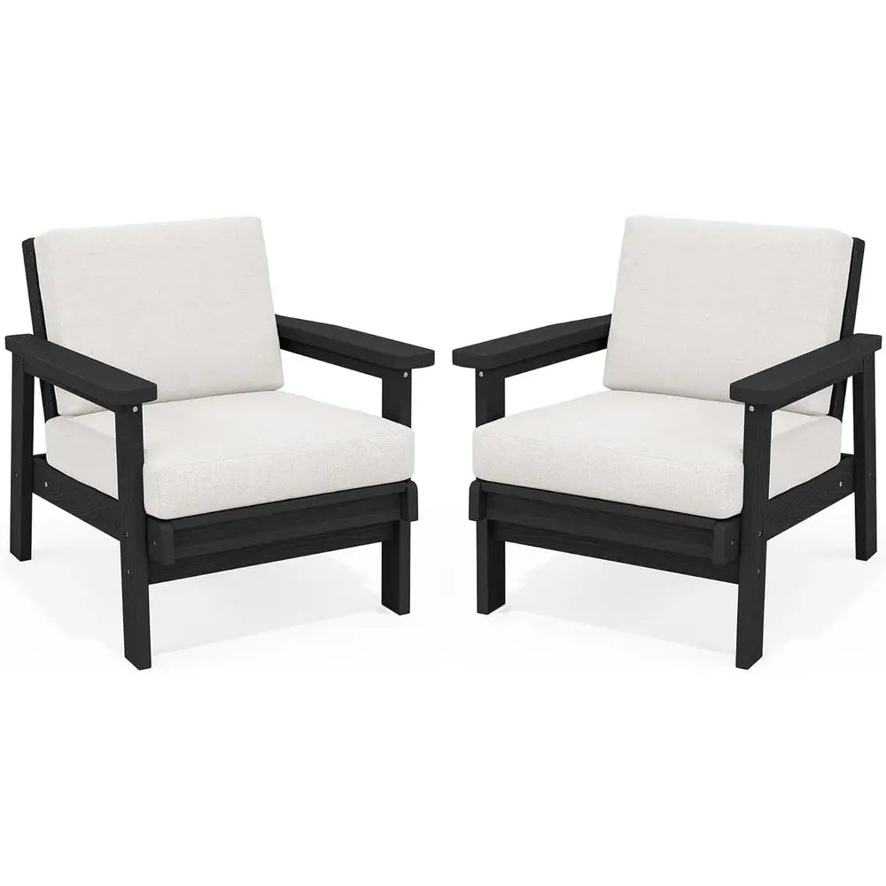 Stylish All-Weather HDPE Outdoor Sofa Set - 2-Piece Patio Furniture with Elegant Black Chairs and Comfortable Khaki Cushions